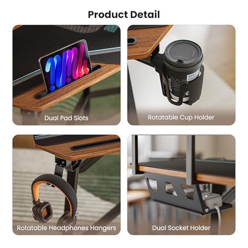EUREKA ERGONOMIC 72" Gaming Desk W Keyboard Tray, Wing-Shaped Music Studio Desk, Large Computer Table W LED Convertible Monitor Stand Dual Headphone Hanger for Recording Live Streamer, Walnut Wood
