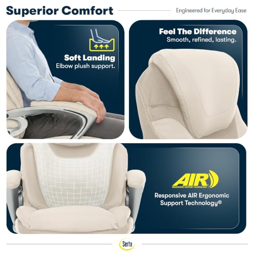 Serta Bryce Executive Office Chair - Ergonomic Computer DeskChair with Lumbar Technology - Adjustable Height - Memory Foam Body Pillows - 360° Swivel Rolling Base - Bonded Leather - Cream