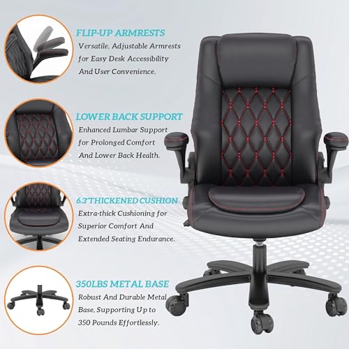 GYI Office Chair, Ergonomic Computer Desk Chair, Leather Executive Office Chair with High Back, Lumbar Support, Flip-up Arms, Wide and Thick Padded Seat, Heavy Duty Base, Rubber Wheels, Black