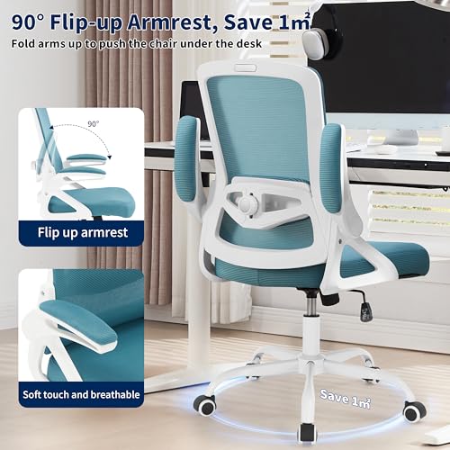 Ergonomic Office Chair, Desk Chair with Adjustable Lumbar Support, Breathable Mesh Comfy Computer Chairs with Flip-up Armrests Executive Task Chair for Adults Home Office (Lake Blue)