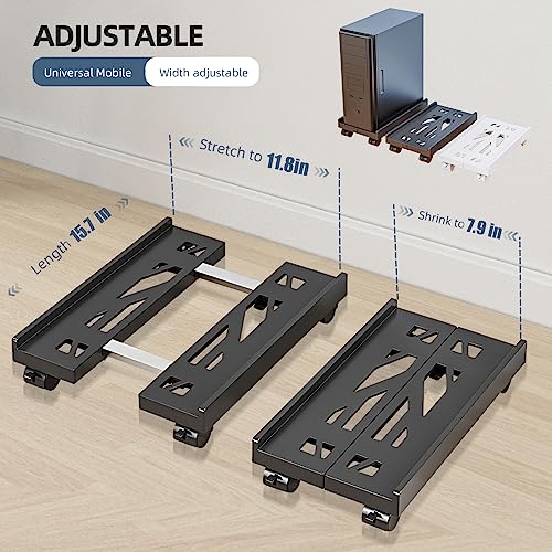 Hovadova Adjustable Mobile CPU Stand, Ventilated Computer Tower Stand with 4 Caster Wheels Fits Most PC Tower, Under Desk CPU Holder PC Floor Cart Computer Riser for Students and Gamers (Black)