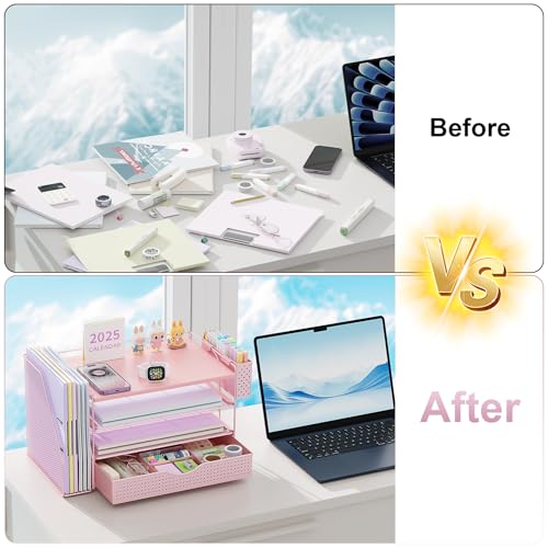 gianotter Wood Desk Organizers and Accessories with File Holder, 4-Tier Desk Accessories & Workspace Organizers with Drawer and Pen Holder, Desk Reference Organizer (Pink, 4T with Drawer)