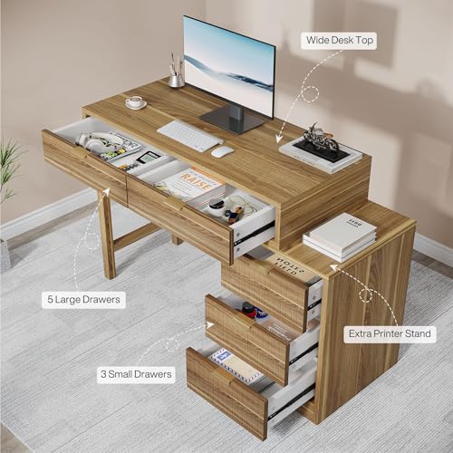 Tribesigns Computer Desk with 5 Drawers, Reversible Small Writing Desk with Storage, Modern Wooden Study Corner Table Workstation for Home Office, Small Spaces, Walnut Brown