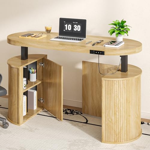 Xyulmeo Mid Century Modern Electric Standing Desk with Storage, 55 x 22 Inch Small Sit Stand Up Desk, Wood Adjustable Height Computer Executive Desk for Home Office, Laptop, Oak