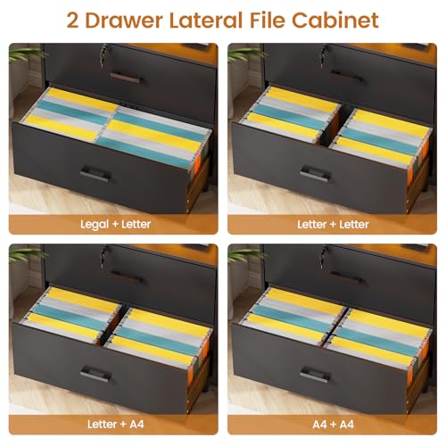 SEDETA 59" File Cabinet, 2 Drawers Filing Cabinets for Home Office fit Legal/Letter/A4 File, File Cabinet with Lock & Power Outlets, Printer Stand with Storage & LED Lights, Black