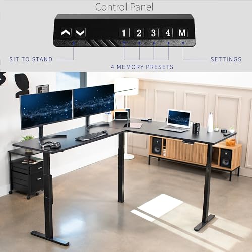 VIVO Electric Height Adjustable 84 x 71 inch Corner Memory Stand Up Desk, 2 Black Solid Square Corner Table Tops, Black Frame, L-Shaped Workstation, 3E-S Series, DESK-KIT-3E10SB
