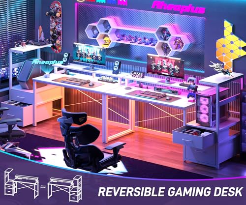 Aheaplus Gaming Desk with LED Strip & Power Outlet, 59Inch Reversible Computer Desk with Monitor Stand & Storage Shelves, Home Office Desks with Fabric File Drawer, Gamer Table PC Desk, White