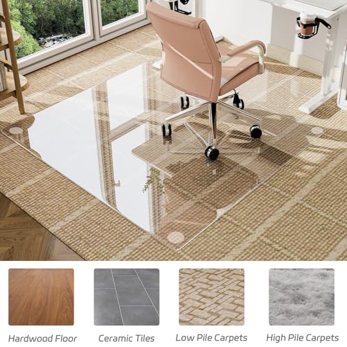 GLSLAND Irregular Tempered Glass Floor Mat - 45" x 53" Office Chair Mat for Carpet Clear Duty Hard Rolling Glass Mat 1/5" Thick for Hardwood Floor/Carpeted Floors, Clear