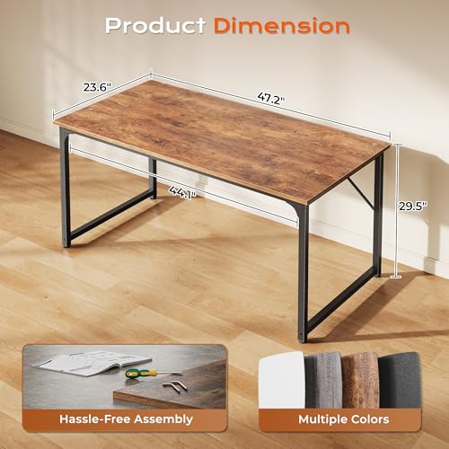 PRAISUN 47 X 24 Inch Computer Desk with Deeper Desktop, Gaming Office Writing Work Desk for Home Office, Study, Bedroom, Work from Home, Metal Frame, Rustic Brown