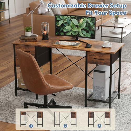 Sweetcrispy Computer Desk with Drawers, 55 Inch Home Office Bedroom Table with 4 Fabric Drawers & 2 Mesh Storage Shelves, Wood Table with X-Shaped Structure for Writing Study PC Desk, Brown