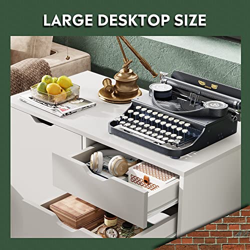 DEVAISE 5-Drawer Wood Drawer Cabinet, Office Storage Cabinet with Adjustable Shelf & Wheels, Printer Stand for Home Office, White