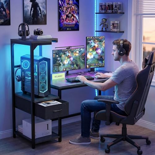 Grandder Gaming Desk 41 Inch with CPU Stand and LED Light, Computer Desk with Reversible Shelves and Storage Drawer, Pc Small Desk for Home Office Table with Bag, Carbon Fiber Black