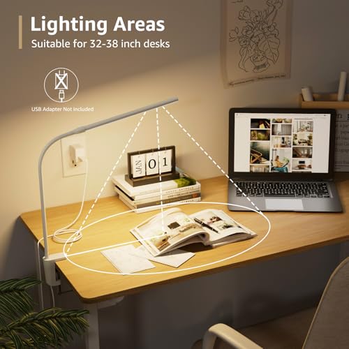 Lepro Small Desk Lamp with Clamp, LED Reading Lamps with 450LM, 3 Color Modes 10 Brightness, Dimmable USB Clip on Desk Light with Gooseneck Swing Arm for Nail, Home Office and Dorm (White)