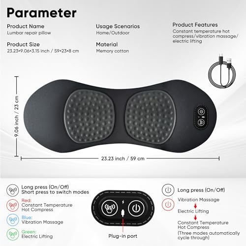 Hzwioe 3 in 1 Upadate Rechargeable Electric Lumbar Support Pillow with Adjustable Height for Bed and Chair,Cordless Back Massager for Pain Relief Deep Tissue,Back Massager with Heat for Home & Office