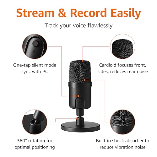 Amazon Basics USB Condenser Microphone for Streaming, Recording, and Podcasting on PC, Plug and Play, Cardioid Pickup, Adjustable Stand with 360° Rotation, Clear Sound, 5.8 x 3.4 inches, Black