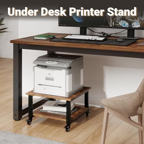 Natwind 2 Tier Laser Printer Stand,19.7''x19.7''x12.6'' Large Printer Table Copier Stand Under Desk,Heavy Duty Rolling Cart with Paper Storage Shelf,Printer Holder on Wheels for Home Office (Retro)