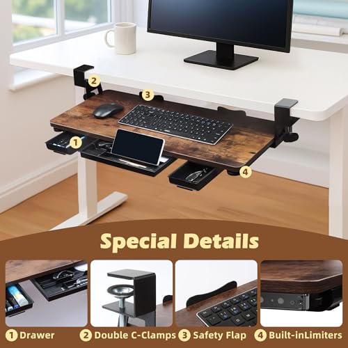Large 26.77" Keyboard Tray Under Desk with Storage Drawer - Heavy Duty C-Clamp Mount, Ergonomic Computer Keyboard Stand for Home Office, Easy Install (Mahogany)