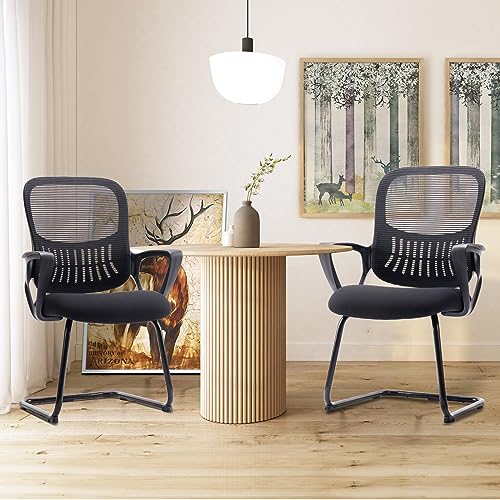 Sweetcrispy Reception Chair No Wheels, Stationary Non Rolling Mesh Mid Back Computer Guest Side with Lumbar Support for Waiting Area Reception Conference Room, Set of 4, Modern Black
