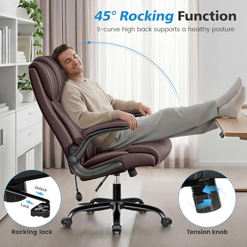 Stella Mia Ergonomic Office Chair – High Back Executive Leather Desk Chair with Inflatable Lumbar Support for Back Pain, Heavy-Duty Computer Desk Chair for Long Workdays, Coffee