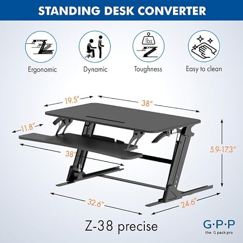 G-PACK PRO 38″ Wide Standing Desk Converter – Sit-to-Stand Workstation for Dual Monitors, Height Adjustable Up to 17.3″ with Large Keyboard Tray – Black