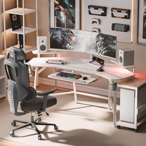 EUREKA ERGONOMIC Aero 72 Inch Gaming Desk with Keyboard Tray, Large Computer Desk Led Lights, Wing-Shaped Monitor Stand Dual Headphone Hanger Cup Holder for Studio,Streamer,Live,Maple