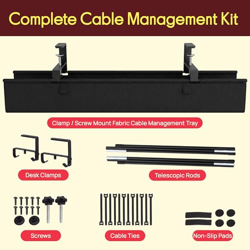 Pyle 48" Under Desk Cable Management Tray, Under Desk Wire Organizer with Clamp or Screw Mount, Desk Cable Organizer with Fabric Design for Large Workstations, Built-in Ties, 20 lb Capacity, Black