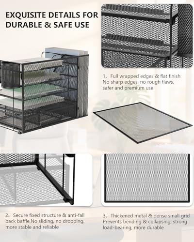 WALI Desk File Organizer, 5 Tier Desktop Paper Letter Tray Organizer with Drawer and 2 Pen Holders, Office Desk Accessories & Workspace Organizers for Office, Home Supplies(DO006DH-B), 1 Pack, Black