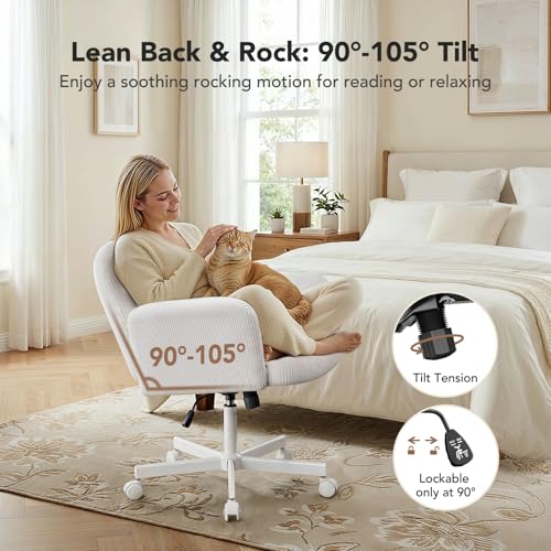 HUANUO Criss Cross Office Chair for Women, Cross Legged Desk Chair with Adjustable Armrests, Soft Corduroy Fabric for Small Spaces, Petite Home Office Computer Chair for Girls, White