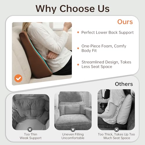 Vekkia Lumbar Support Pillow for Recliner, Ergonomic Back Support for Couch – Improve Posture, Relieve Back Pain for Long Sitting & Elderly, for Armchair & Sofa, Removable Cover, Brown