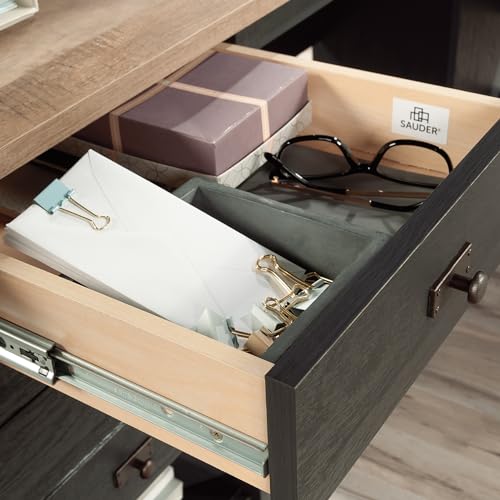 Sauder Cottage Road L Shaped Desk Computer Desk with Drawers, Home Office Desk with Optional File Cabinet Storage, Cable Management, in Raven Oak Finish