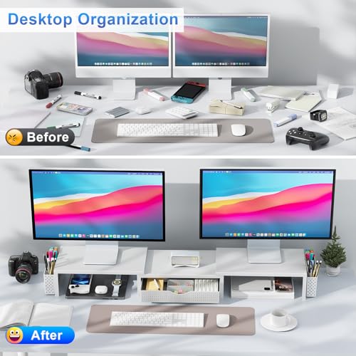 gianotter Dual Monitor Stand Riser, Desk Organizer With Drawer and 2 Pen Holders, Monitor Stand for Desk, Office Decor Essentials (White)