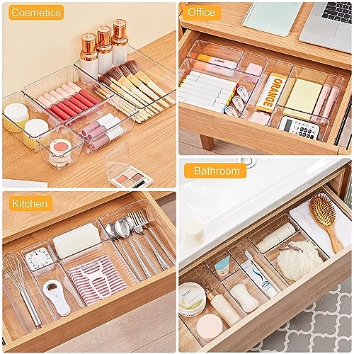 SMARTAKE 13-Piece Drawer Organizers with Non-Slip Silicone Pads, 5-Size Desk Bathroom Drawer Organizer Trays Storage Tray for Makeup, Jewelries, Utensils in Bedroom Dresser, Office and Kitchen, Clear