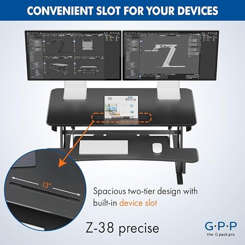 G-PACK PRO 38″ Wide Standing Desk Converter – Sit-to-Stand Workstation for Dual Monitors, Height Adjustable Up to 17.3″ with Large Keyboard Tray – Black