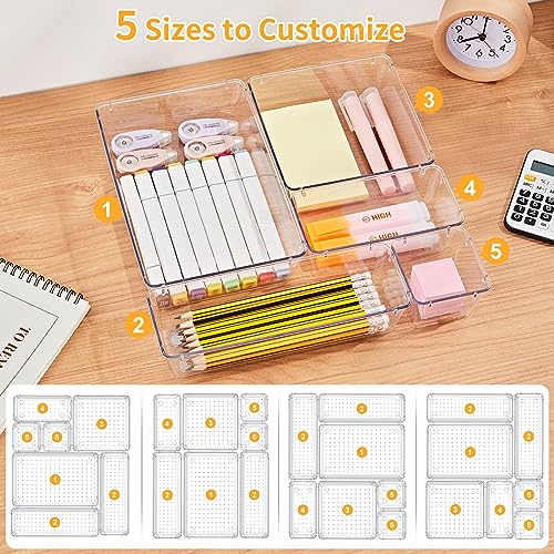 SMARTAKE 13-Piece Drawer Organizers with Non-Slip Silicone Pads, 5-Size Desk Bathroom Drawer Organizer Trays Storage Tray for Makeup, Jewelries, Utensils in Bedroom Dresser, Office and Kitchen, Clear