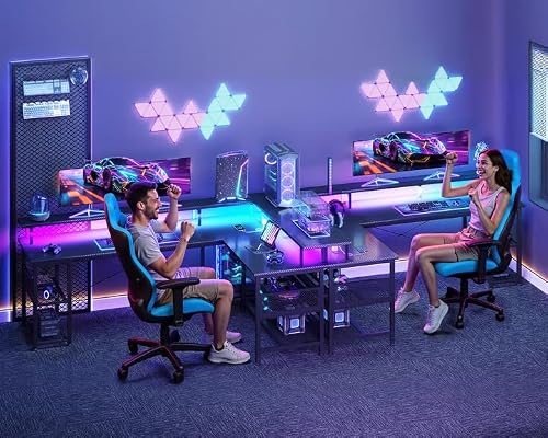 ODK 66" L Shaped Gaming Desk with Power Outlet and LED Lights, PC Gaming Table with Carbon Fiber Texture, Reversible L Shape Desk with Storage Shelves & Monitor Stand, Home Office Desk, Black