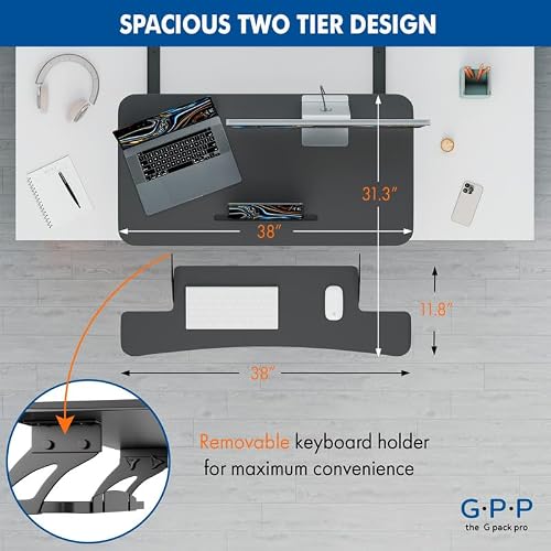 G-PACK PRO 38″ Wide Standing Desk Converter – Sit-to-Stand Workstation for Dual Monitors, Height Adjustable Up to 17.3″ with Large Keyboard Tray – Black
