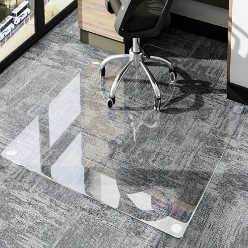 GLSLAND Irregular Tempered Glass Floor Mat - 45" x 53" Office Chair Mat for Carpet Clear Duty Hard Rolling Glass Mat 1/5" Thick for Hardwood Floor/Carpeted Floors, Clear