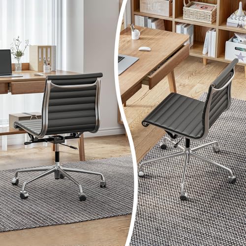 OTDMEL Armless Ribbed Office Desk Chair with Top Grain Leather, Mid Back Ergonomic Swivel Room Chair, Adjustable Height 5-Star Base, Black