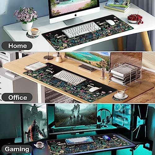 Desk Mat, Large Gaming Mouse Pad with Wrist Rest, 4in1 XXL Mousepad+Keyboard Wrist Rest+Mouse Pad Wrist Support+Cup Coaster Set Ergonomic Floral Computer Desk Arm Wrist for Decor Home Office Women