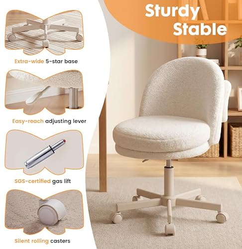 GTPLAYER Velvet Tall Office Chair with Wheels Vanity Chairs with Back, Versatile Height Use: Office to Bar Stools Small Ergonomic Comfy Armlees Computer Desk Chair with Bow Lumbar Pillow for Gift
