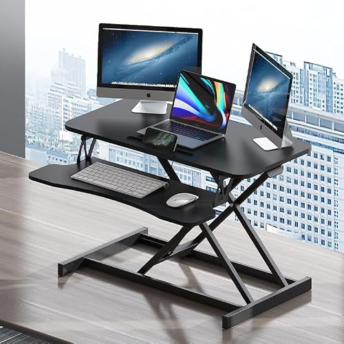 Royjhnl Standing Desk Converter 32 Inch, Height Adjustable Sit-Stand Workstation, Dual Monitor Riser with Wide Keyboard Tray - Office & Home Use, Black (Black)