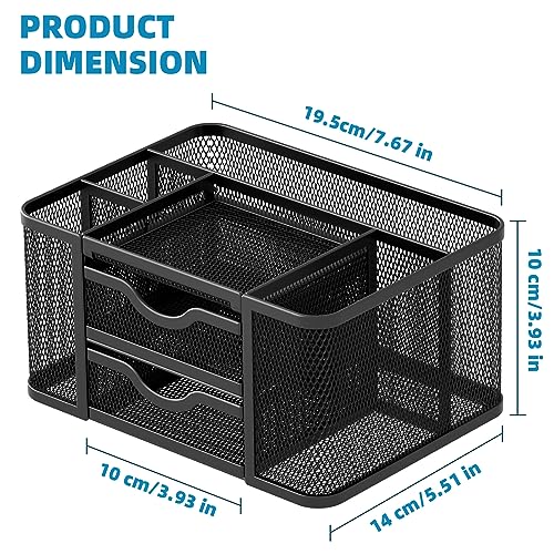 Marbrasse Mesh Desk Organizer, Pen Organizer with 2 Drawer, Multi-Functional Pencil Holder, Desk Organizers and Accessories with 5 Compartments + Drawer for Office Art Supplies (Black)