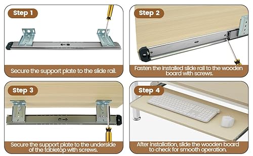 KUMGROT Keyboard Tray Slides 14" Silver Cold Rolled Steel Computer Drawer Tray Ball Bearing Keyboard Slides with Adjustable Height Bracket