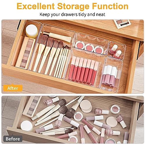 SMARTAKE 13-Piece Drawer Organizers with Non-Slip Silicone Pads, 5-Size Desk Bathroom Drawer Organizer Trays Storage Tray for Makeup, Jewelries, Utensils in Bedroom Dresser, Office and Kitchen, Clear