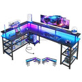 ODK 66" L Shaped Gaming Desk with Power Outlet and LED Lights, PC Gaming Table with Carbon Fiber Texture, Reversible L Shape Desk with Storage Shelves & Monitor Stand, Home Office Desk, Black