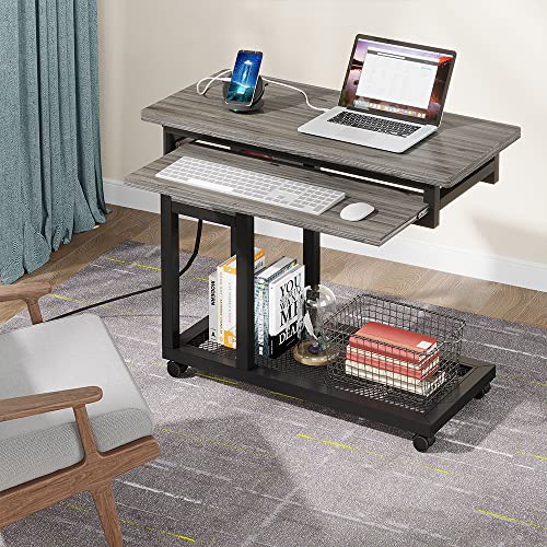 Tribesigns Small Portable Desk with Power Outlet, Height Adjustable Sofa Couch Bedside Laptop Table with Wheels, Mobile Standing Desk Rolling Computer Cart C Side Table with USB Ports