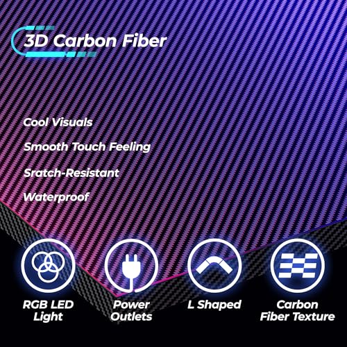 Huuger L Shaped Gaming Desk with Power Outlets & LED Lights, Computer Desk with Monitor Shelves, Carbon Fiber Surface, Home Office Desk, Corner Gaming Desk with Hooks, Carbon Fiber Black