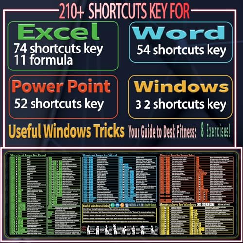 Raryine Excel/Word/Power Point/Windows Mouse pad,Non-Slip&Waterproof Large Gaming Office pc Desk mat,Over 200 Keyboard Shortcuts Mousepad(27.6L x 11.8W inches)