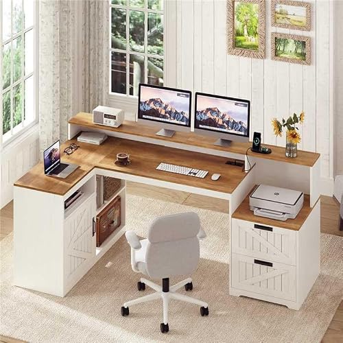 TVU Farmhouse L Shaped Desk with Drawers, 62.2" Home Office Desk with Storage Shelves and Power Outlet, L Shaped Computer Desk with Monitor Stand and Printer Shelf, Brown and White