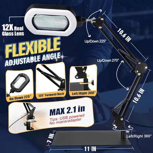 12X Square Magnifying Glass with Light and Stand with 144 LEDs Brightness, 5 Color Modes Hands Free Lighted Magnifying Glass, 10 Dimmable Brightness Magnifying Desk Lamp for Close Work Craft Reading